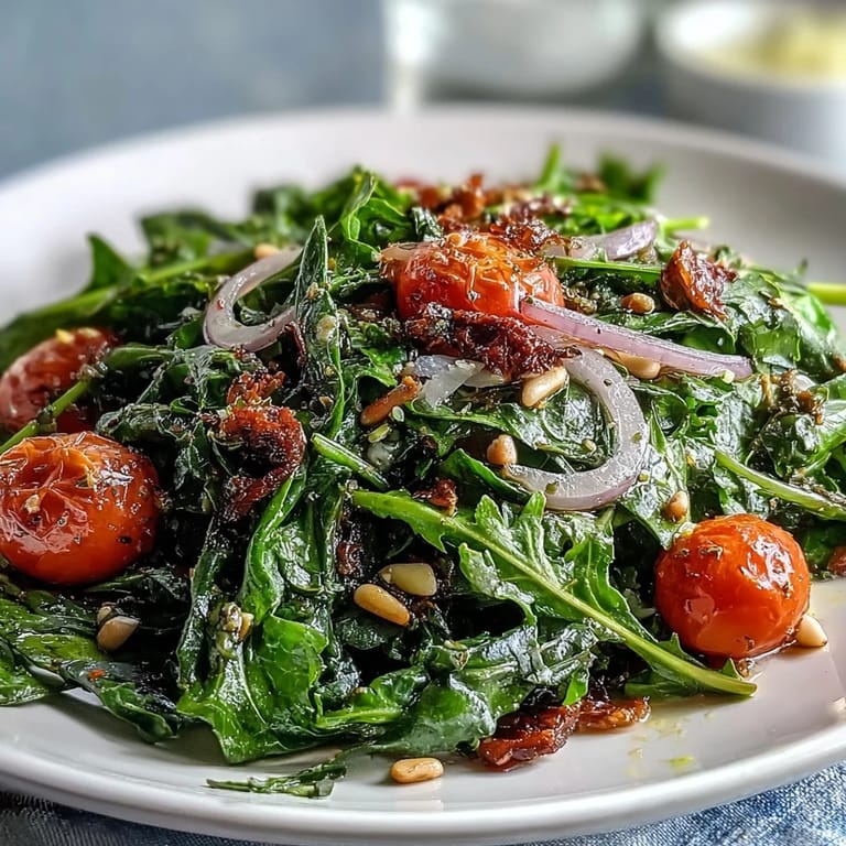 Bright dandelion greens salad tossed with cherry tomatoes, red onion, and lemon vinaigrette, topped with Parmesan.  