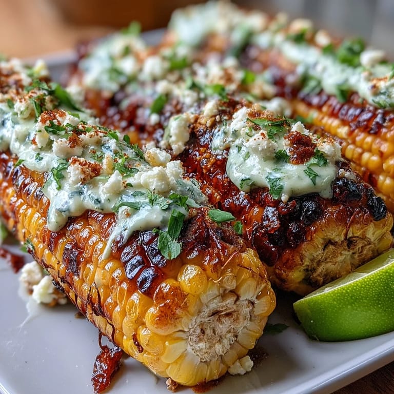 Sweet charred corn brushed with zesty mayonnaise-sour cream blend, garnished with chili and lime for bold flavor.