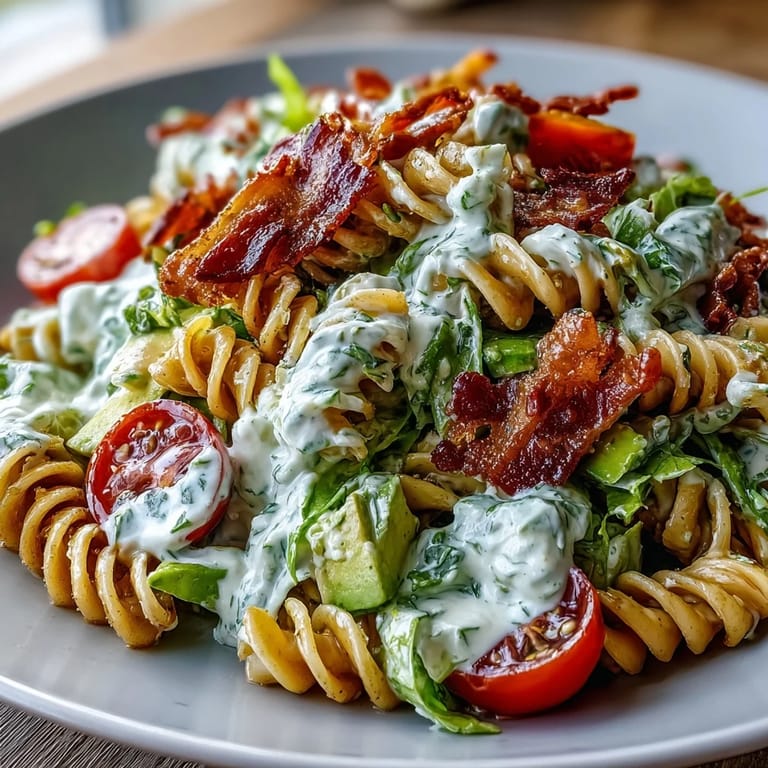 Creamy avocado ranch coats tender pasta in this BLT pasta salad, with crunchy bacon, ripe tomatoes, and crisp lettuce for a satisfying bite.  