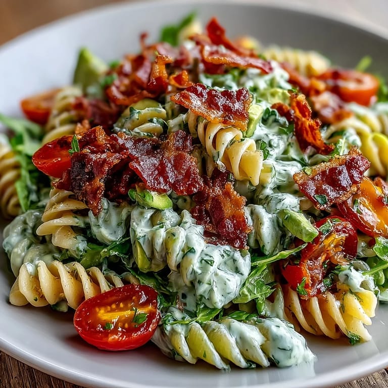 Bright and hearty BLT pasta with avocado ranch, blending smoky bacon, fresh veggies, and a velvety dressing for the perfect summer dish.