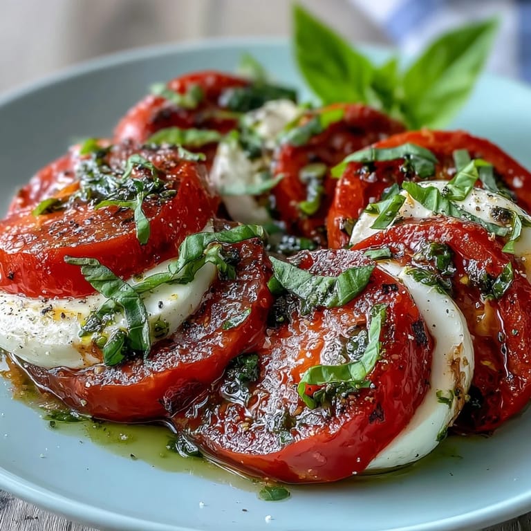 Homemade Caprese salad with juicy heirloom tomatoes, fresh mozzarella, and aromatic basil oil drizzle served as a light side dish.