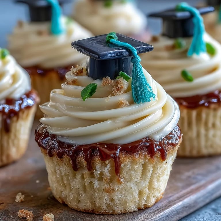 Simple Graduation Cupcakes with Cap Fondant Toppers: soft vanilla cupcakes decorated with creamy frosting and charming black fondant mortarboard toppers with yellow tassels.