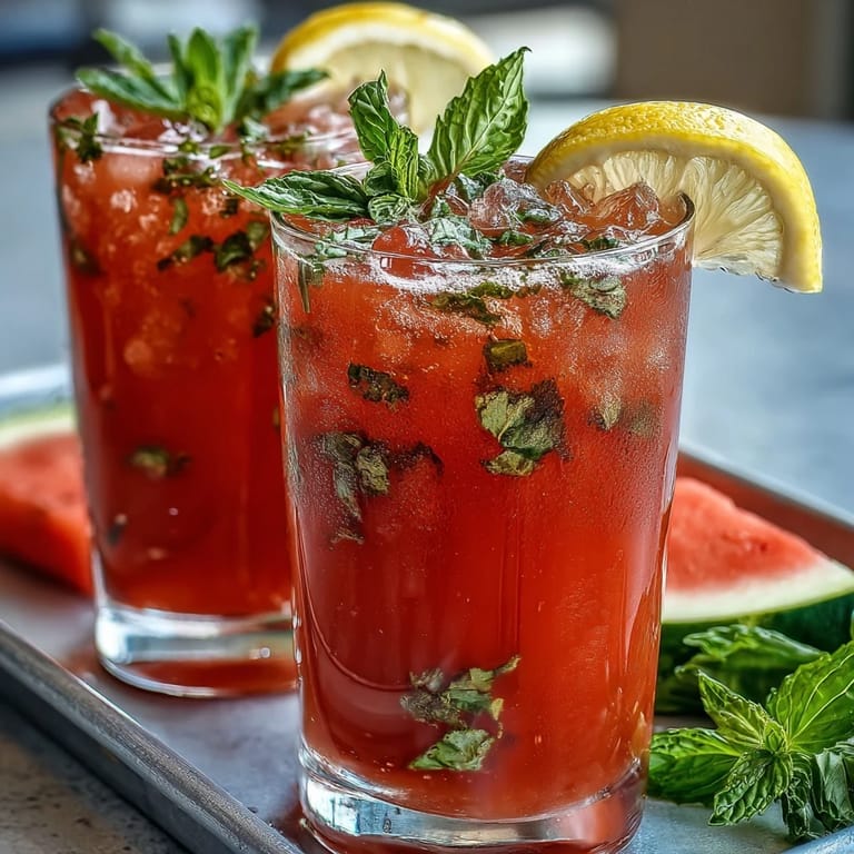 Refreshing Watermelon Mint Lemonade in a clear pitcher, bright pink with specks of green mint, served over ice with lemon slices on the rim.
