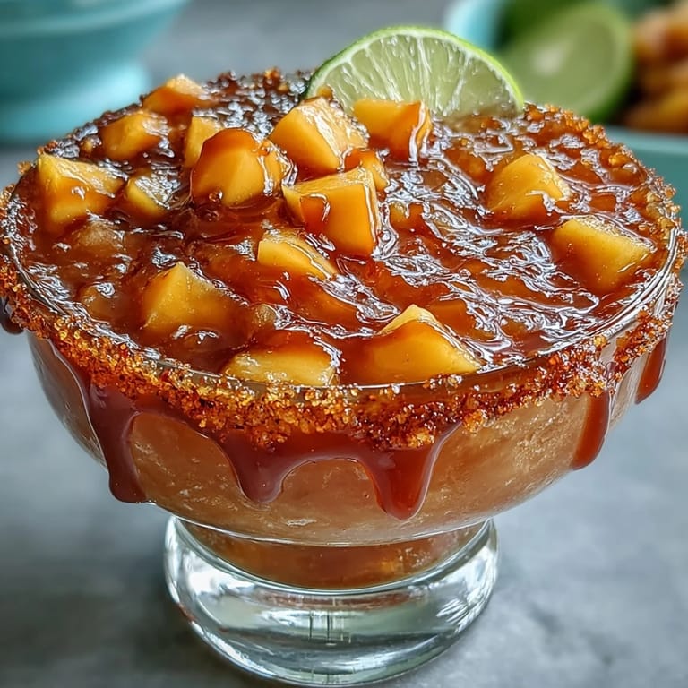 Refreshing chamoyada layered with fresh mango, lime, and spicy Tajín rim.