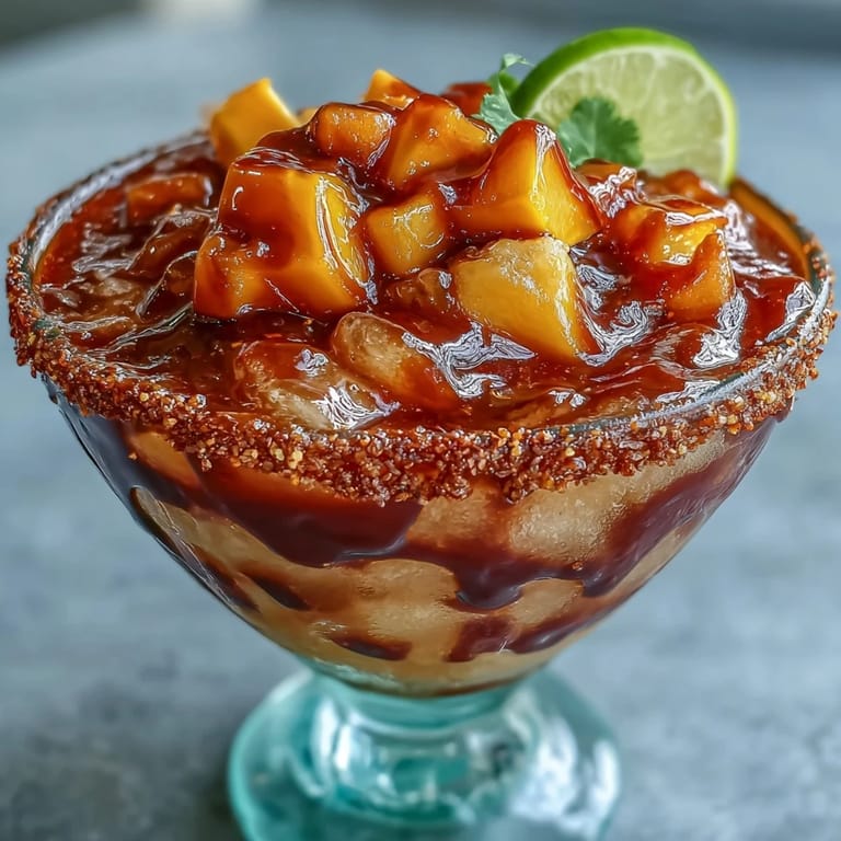 Festive frozen mango mangonada garnished with tamarind candy, perfect for parties.
