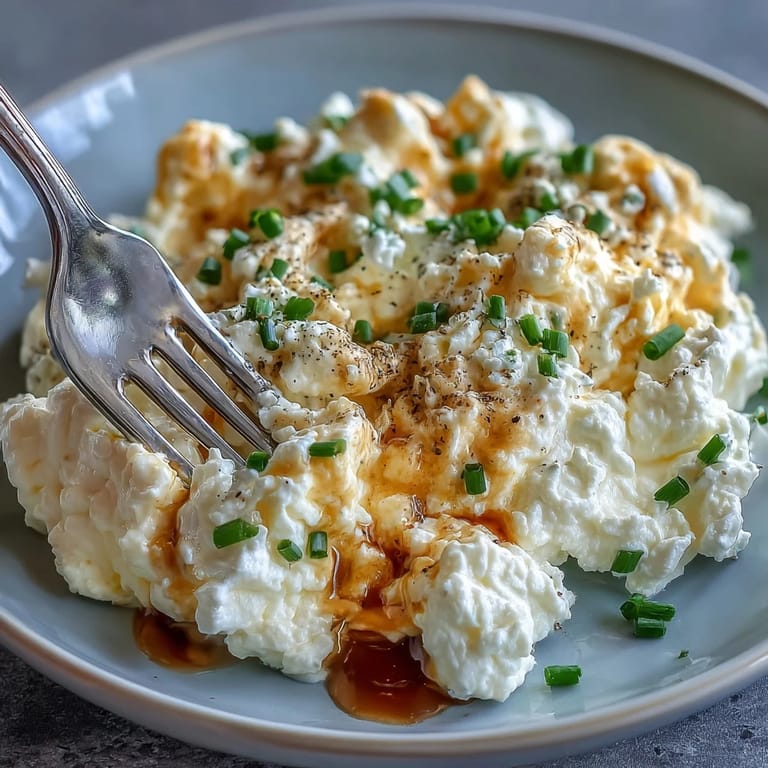 Fluffy, protein-packed cottage cheese scrambled eggs glistening in a nonstick skillet.