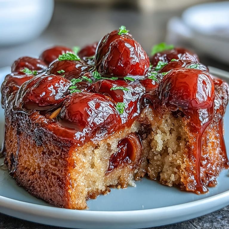 Decadent Cherry Almond Upside-Down Cake, caramelized and ready for serving.