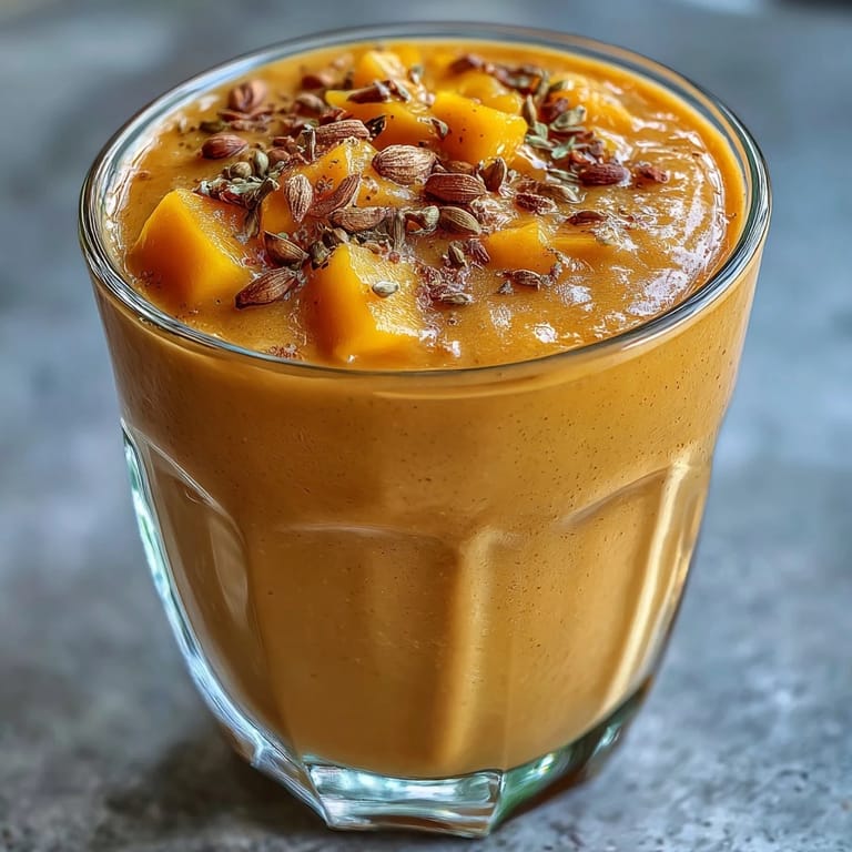 Vibrant Indian Mango Lassi Smoothie, blended smooth with sweet, tropical flavors.