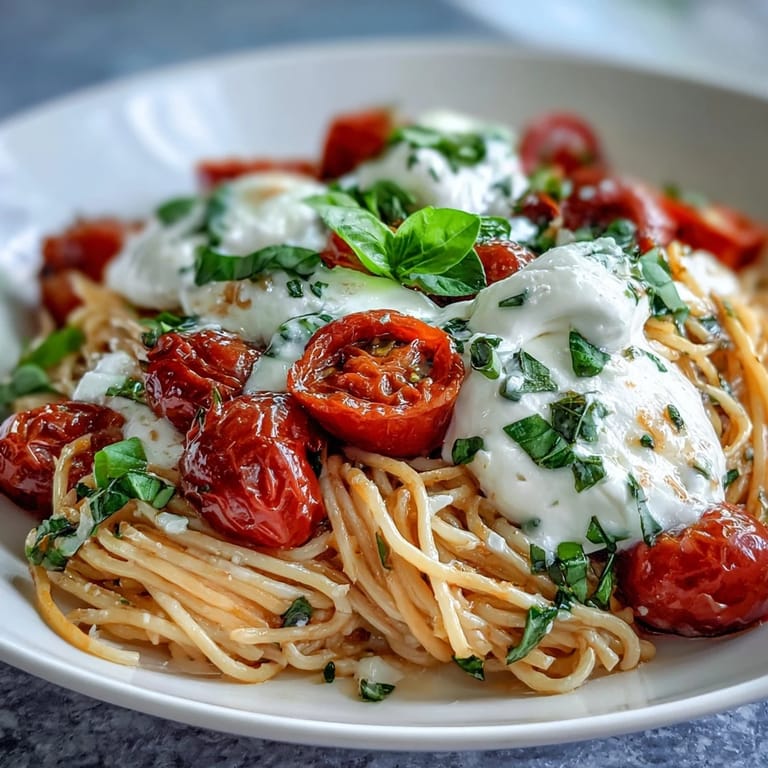 This Summer Caprese Pasta features fresh basil, ripe tomatoes, and oozing burrata.