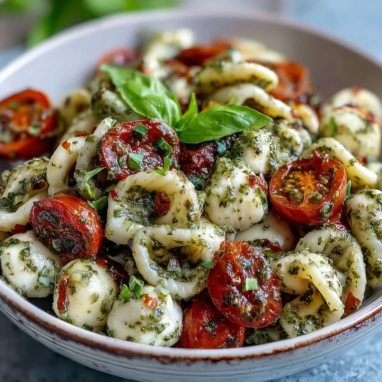 Italian Caprese Pasta Salad perfect for summer, bursting with fresh basil flavor.