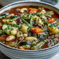A vibrant bowl of Minestrone Vegetable Soup showcases tender pasta, hearty cannellini beans, and colorful vegetables in a rich tomato broth.