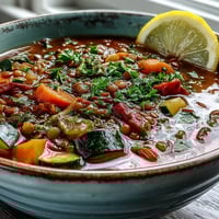 Steaming bowl of Lentil and Vegetable Soup garnished with parsley and lemon wedge.