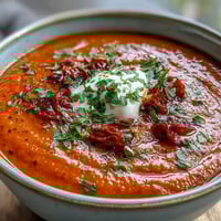Silky Roasted Red Pepper Soup with a hint of harissa spice.