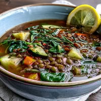 Steaming bowl of homemade lentil soup topped with fresh parsley and a lemon wedge.