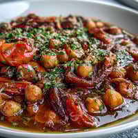 Steaming bowl of Spicy Chickpea Stew topped with fresh cilantro and a lemon wedge.