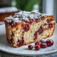 A close-up slice of Cranberry Orange Breakfast Cake reveals a tender crumb with bright orange zest and tart cranberry pieces, perfect for a cozy brunch.