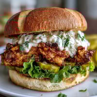 Golden, ultra-crispy fried chicken sits on a toasted brioche bun with fresh lettuce and tomato.