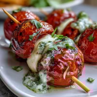Caprese skewers with pesto drizzle on a white platter, featuring ripe cherry tomatoes, fresh mozzarella balls, and fragrant basil leaves, topped with vibrant green pesto sauce.