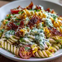 Creamy Mexican Street Corn Pasta Salad with charred corn and cotija cheese in a tangy lime dressing.