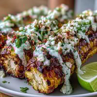 Creamy, tangy elote-style grilled corn topped with cheese and chili powder, perfect summer side for barbecues.