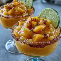 Vibrant frozen mango margarita mocktail in a salt-rimmed glass with lime wedge and fresh mango slices.