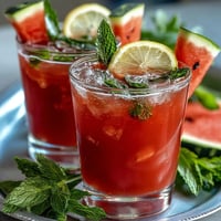 A tall glass filled with chilled Watermelon Mint Lemonade, garnished with fresh mint leaves and a lemon slice, surrounded by watermelon wedges.