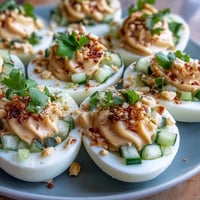 Thai Peanut Deviled Eggs with relish, a creamy, spicy appetizer delight.