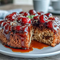 Beautiful Cherry Almond Upside-Down Cake with glistening caramelized topping.