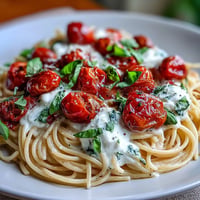 Creamy burrata and vibrant tomatoes top this Summer Caprese Pasta.